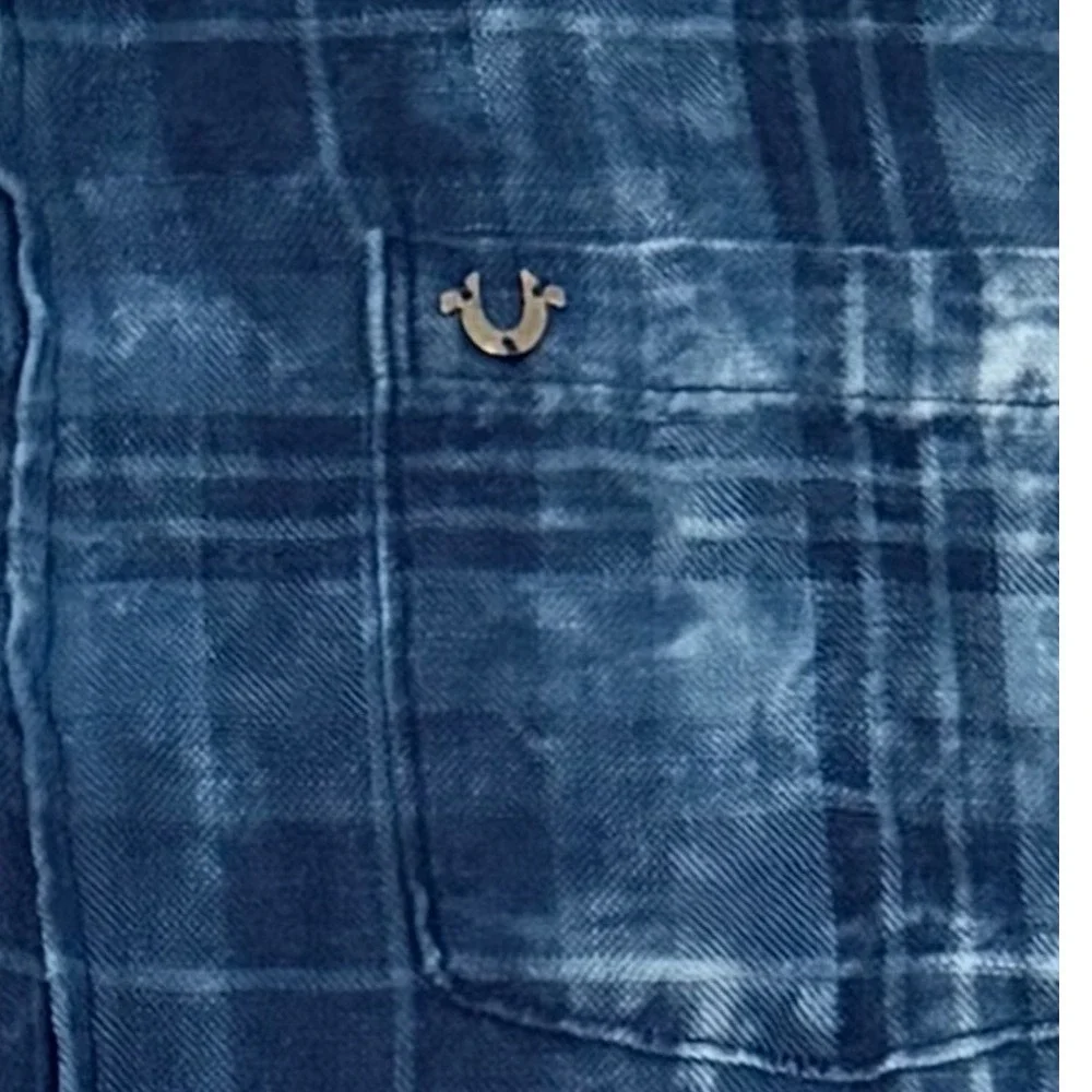 True Religion Mens Slim Fit Acid Wash Plaid Short Sleeve Button Down Shirt Large